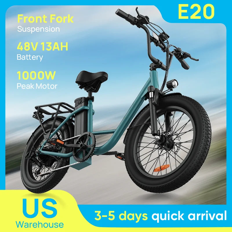 Electric bike with specifications on a blue and yellow background