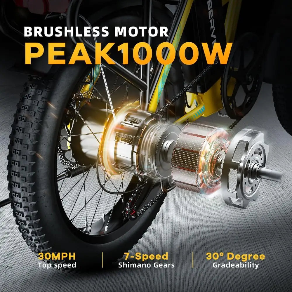 Close-up of a brushless motor on a bicycle with specifications displayed.