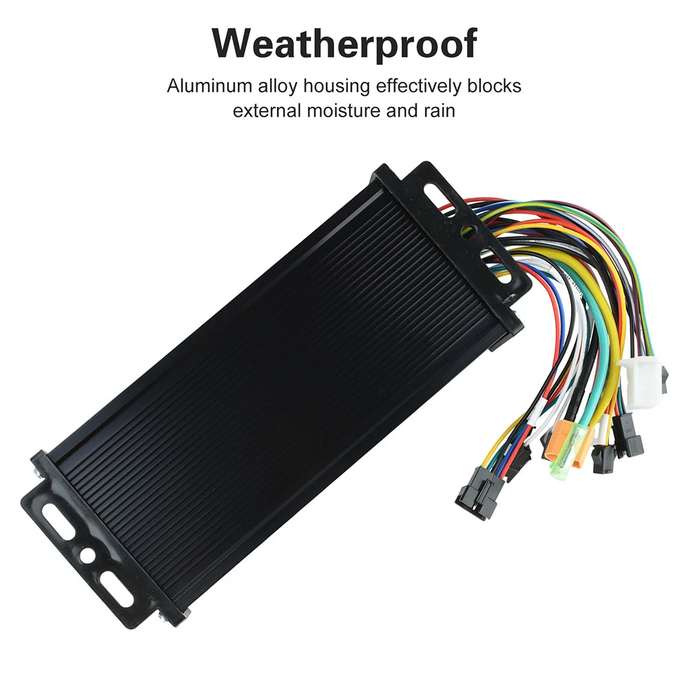 A black rectangular aluminum electronic controller with a ribbed surface and a bundle of multicolored wiring connectors, shown on a white background with the text 'Weatherproof' and 'Aluminum alloy housing effectively blocks external moisture and rain'.