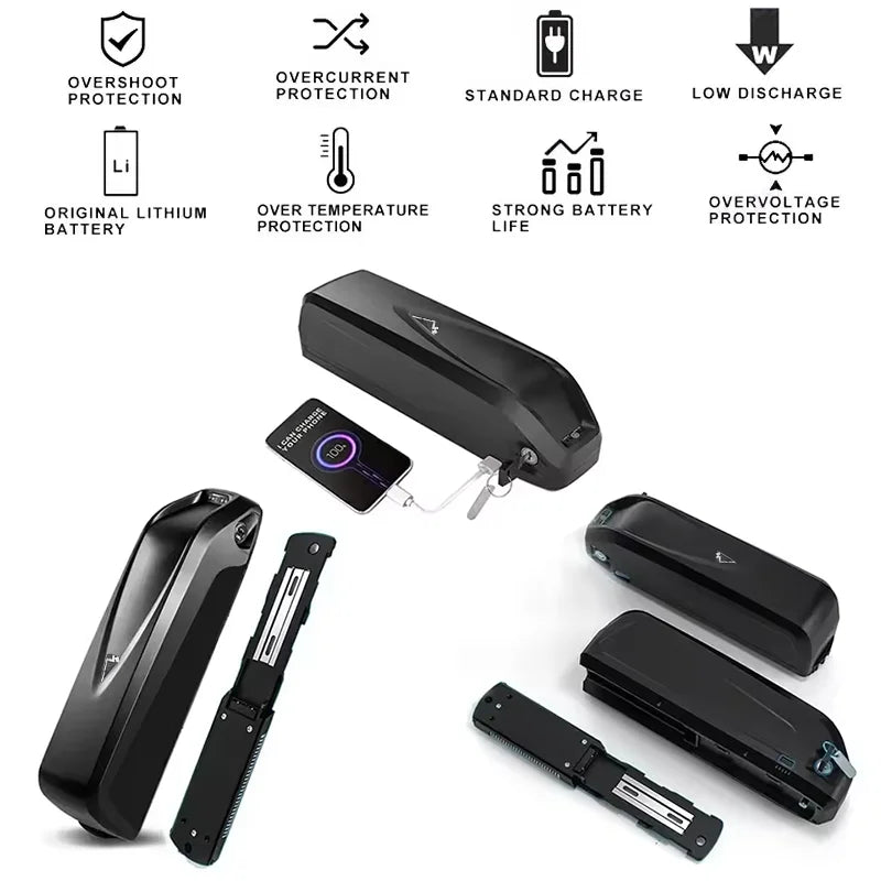 Black portable power bank battery shown in multiple angles with a small wireless charging case and a smartphone, plus feature icons and text for overshoot protection, overcurrent protection, standard charge, low discharge, original lithium battery, over temperature protection, strong battery life, and overvoltage protection on a white background.