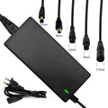 Black power adapter with various connector sizes labeled on a white background