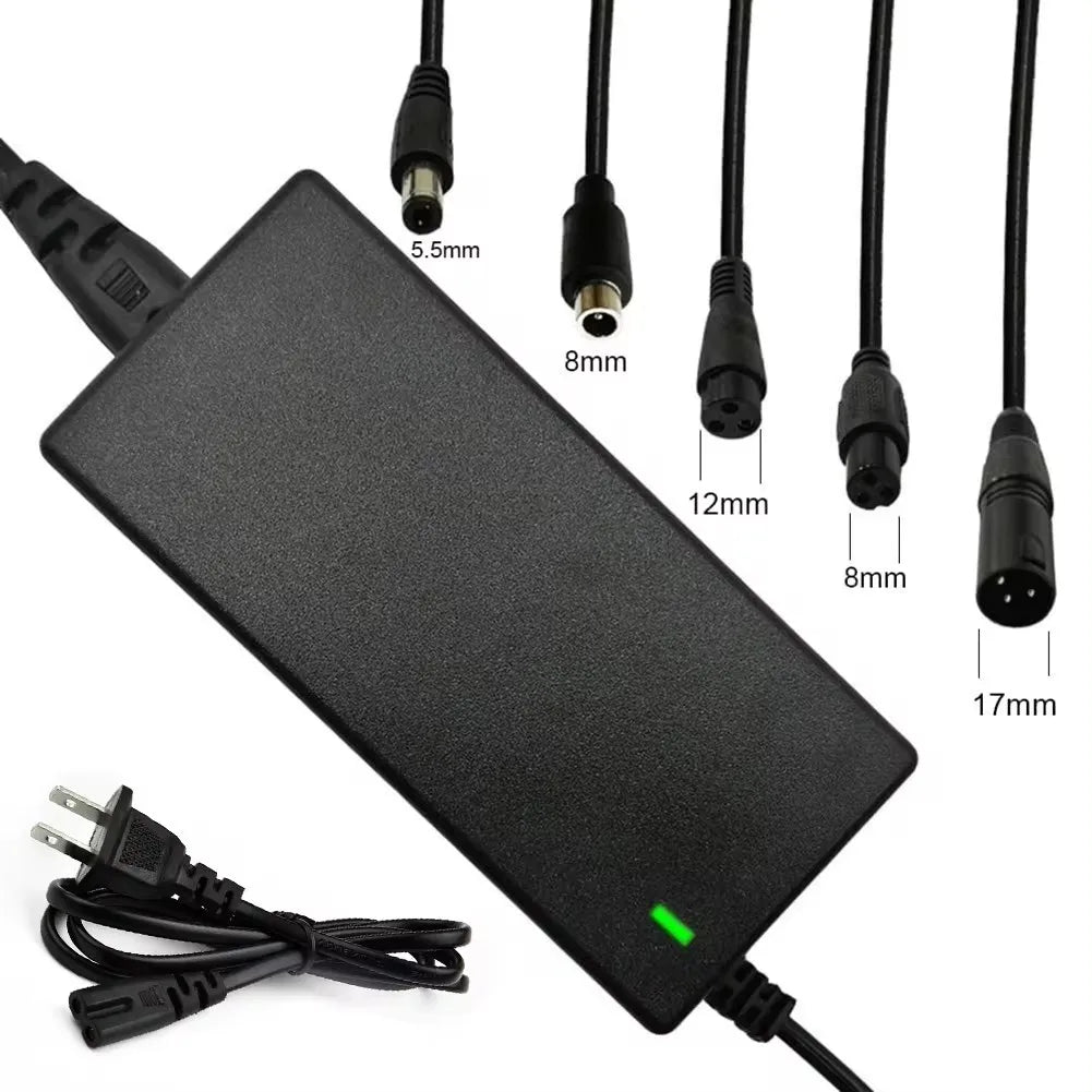 Black power adapter with various connector sizes labeled on a white background