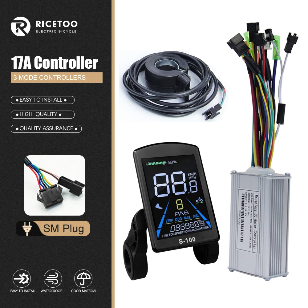 Ricetoo 17A e-bike controller kit including a black digital display controller, a black coiled cable, a silver metal control box, and multicolored wiring harnesses, shown on a white background with a black product info panel on the left.