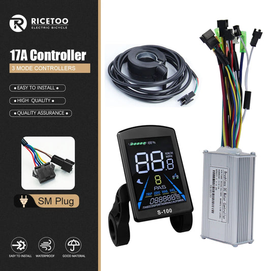 Ricetoo 17A e-bike controller kit including a black digital display controller, a black coiled cable, a silver metal control box, and multicolored wiring harnesses, shown on a white background with a black product info panel on the left.