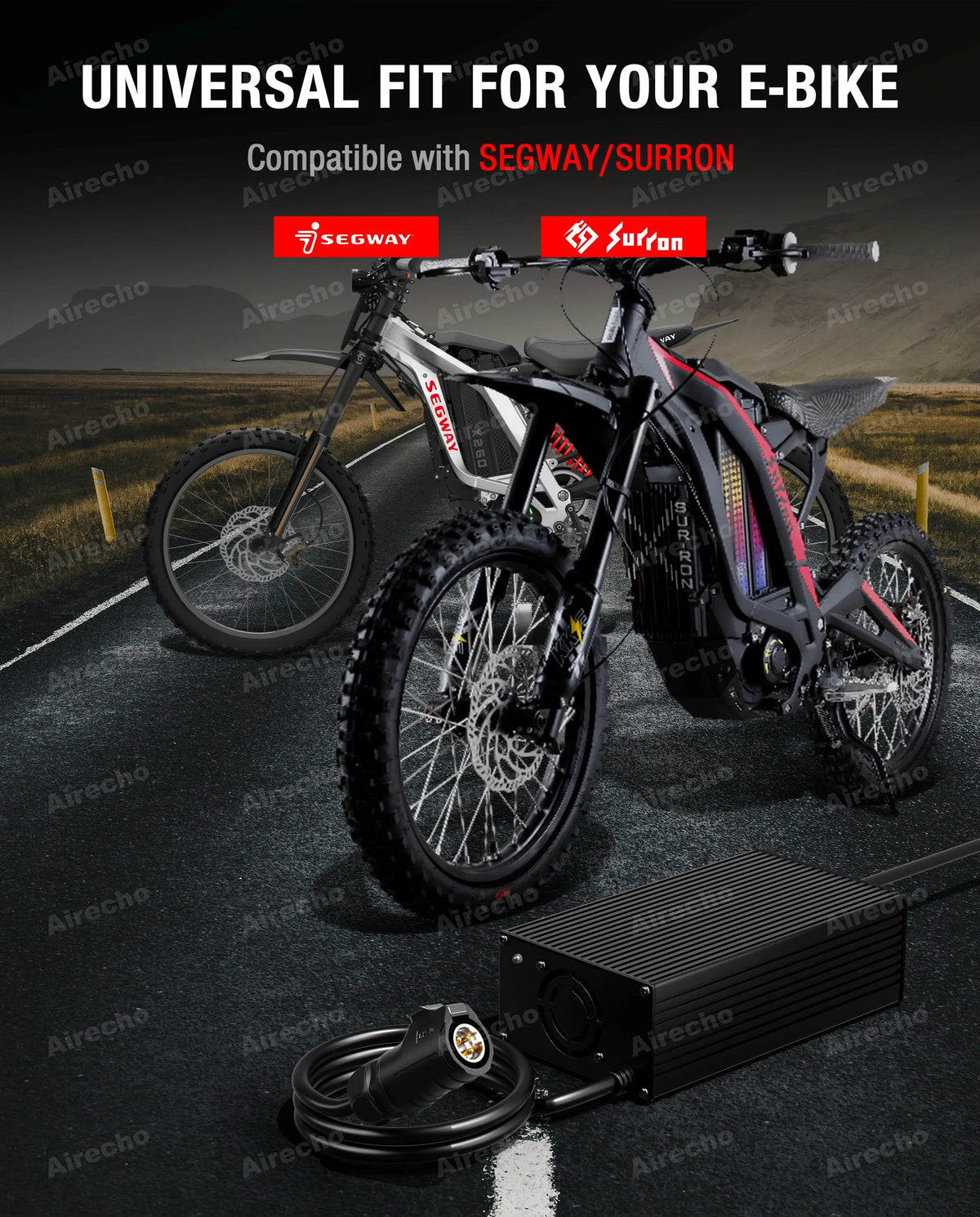 A black and red Segway/Surrion compatible electric dirt bike is shown on a road with a matching battery pack and cable in the foreground. The image includes text stating 'UNIVERSAL FIT FOR YOUR E-BIKE' and 'Compatible with SEGWAY/SURRON', with Segway and Surron logos displayed.