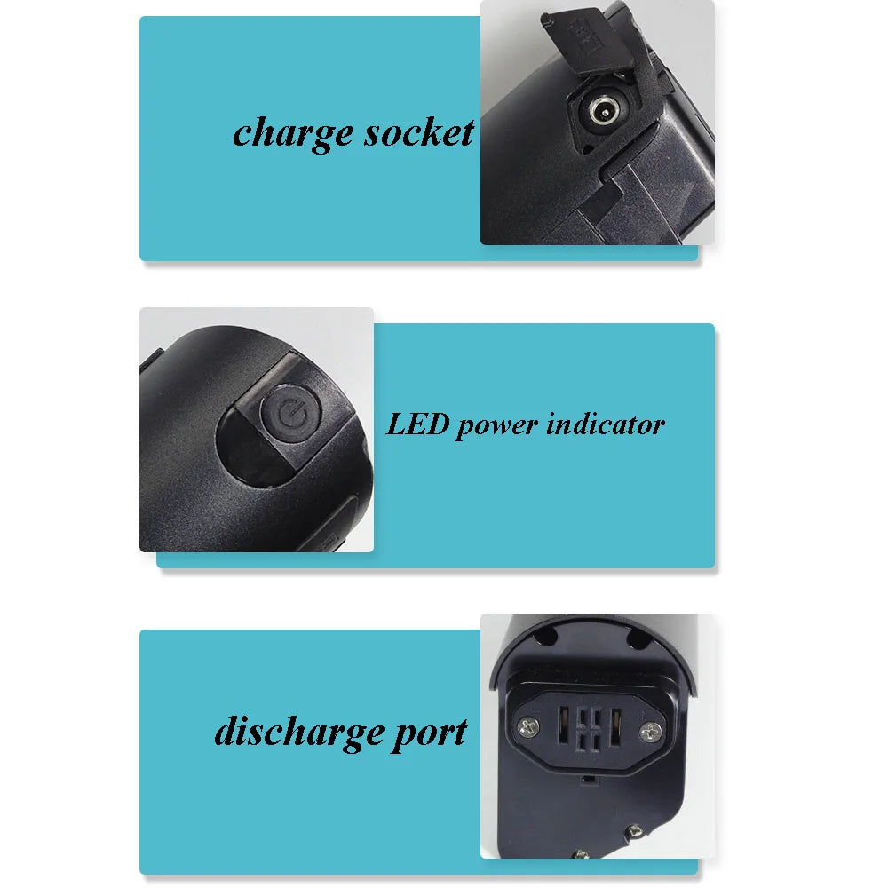 Three-panel product feature graphic showing a black charging device with labeled details: a charge socket, an LED power indicator, and a discharge port, on a white background with turquoise panels.