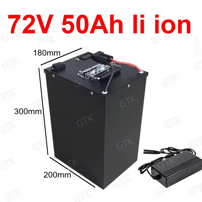 A 72V 50Ah Li-ion battery shown on a white background with dimension labels (180mm, 300mm, 200mm) and a black charger accessory. Large red text at the top reads '72V 50Ah Li ion'.