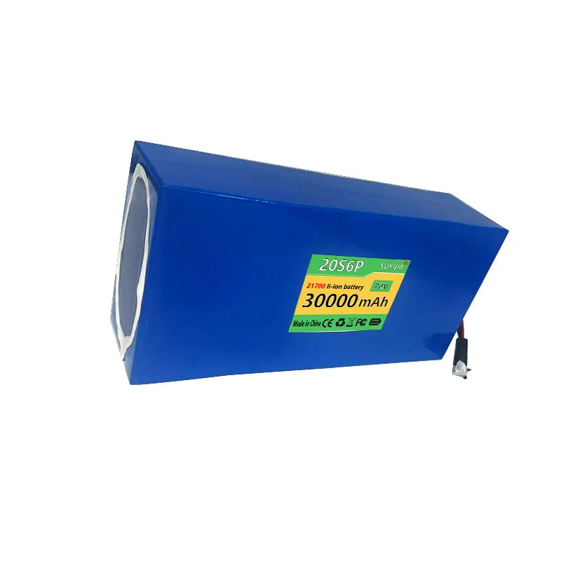 A blue rectangular lithium-ion battery pack with a green and yellow label indicating '20S6P 30000mAh' and '20C 6C Fast Charging', shown on a plain white background.