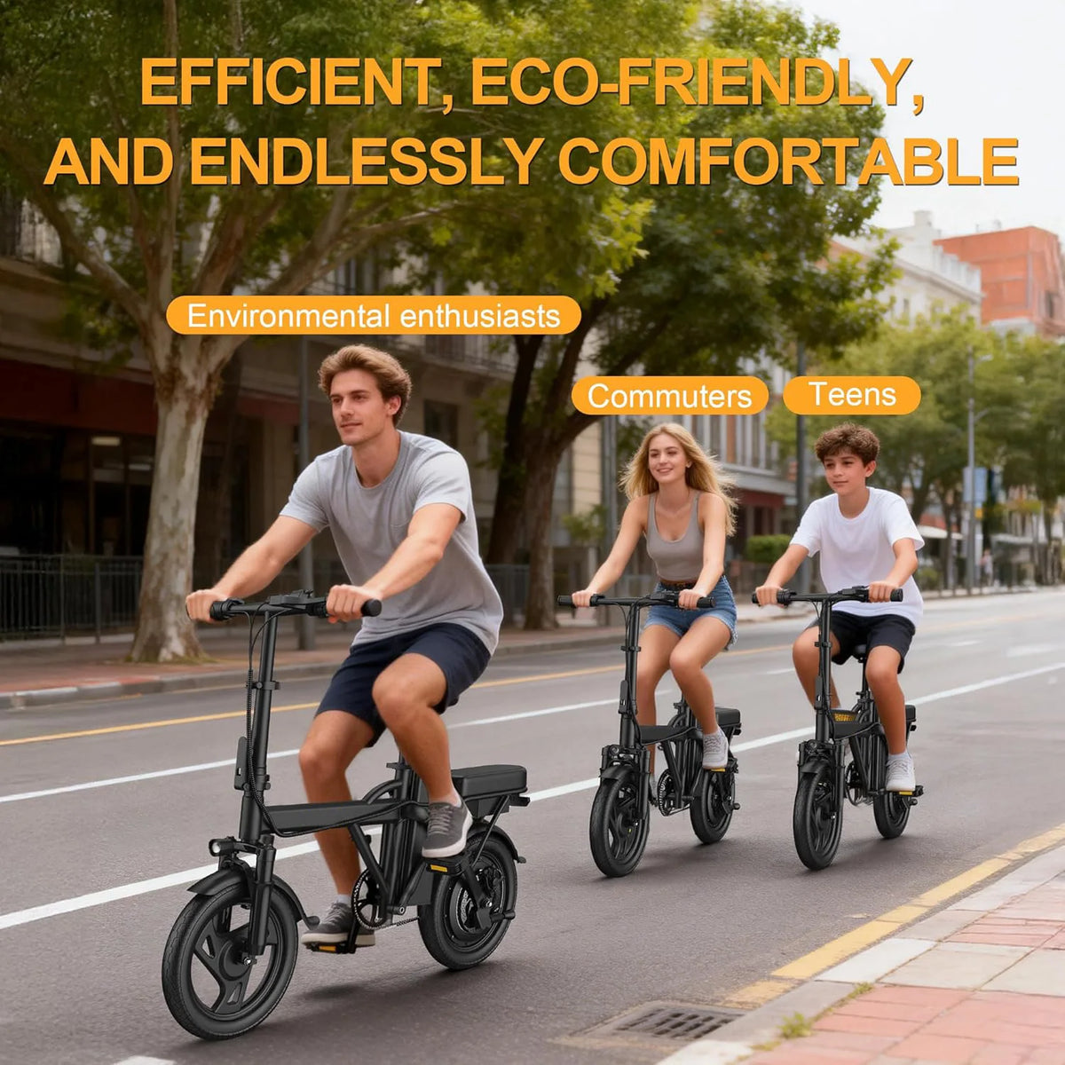 Three people riding electric bikes on a city street with text highlighting features.