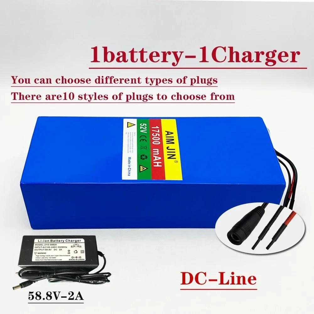 A blue rectangular lithium-ion battery pack with a multicolor label, shown alongside a black DC charger and plug accessories on a white background with red text overlays.