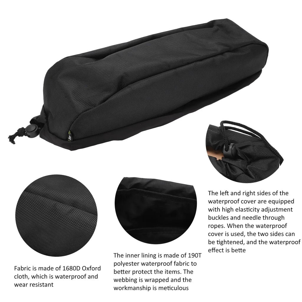 Black waterproof bag with detailed specifications on a white background