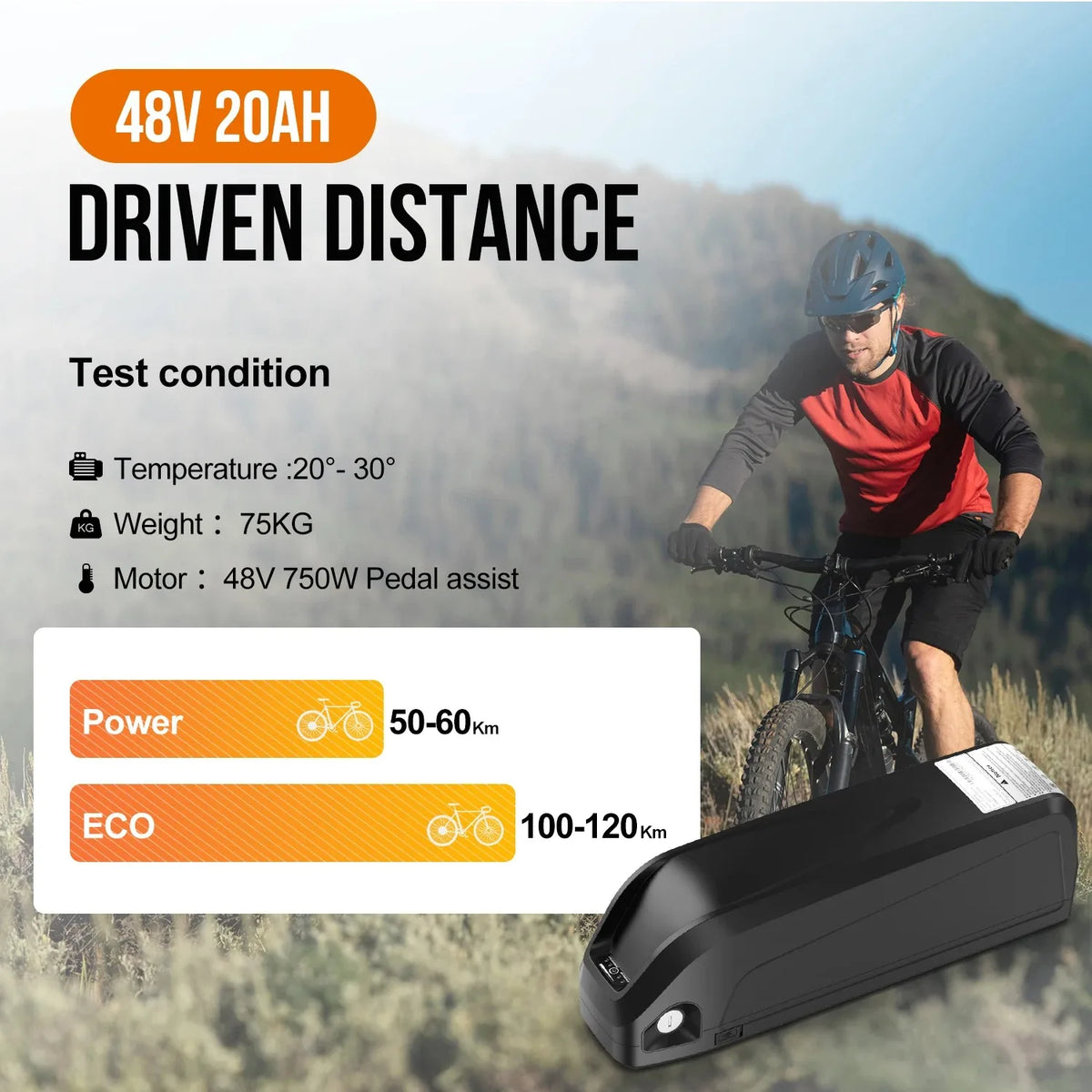 Electric bike battery with a mountain bike rider and driving distance information on a scenic background