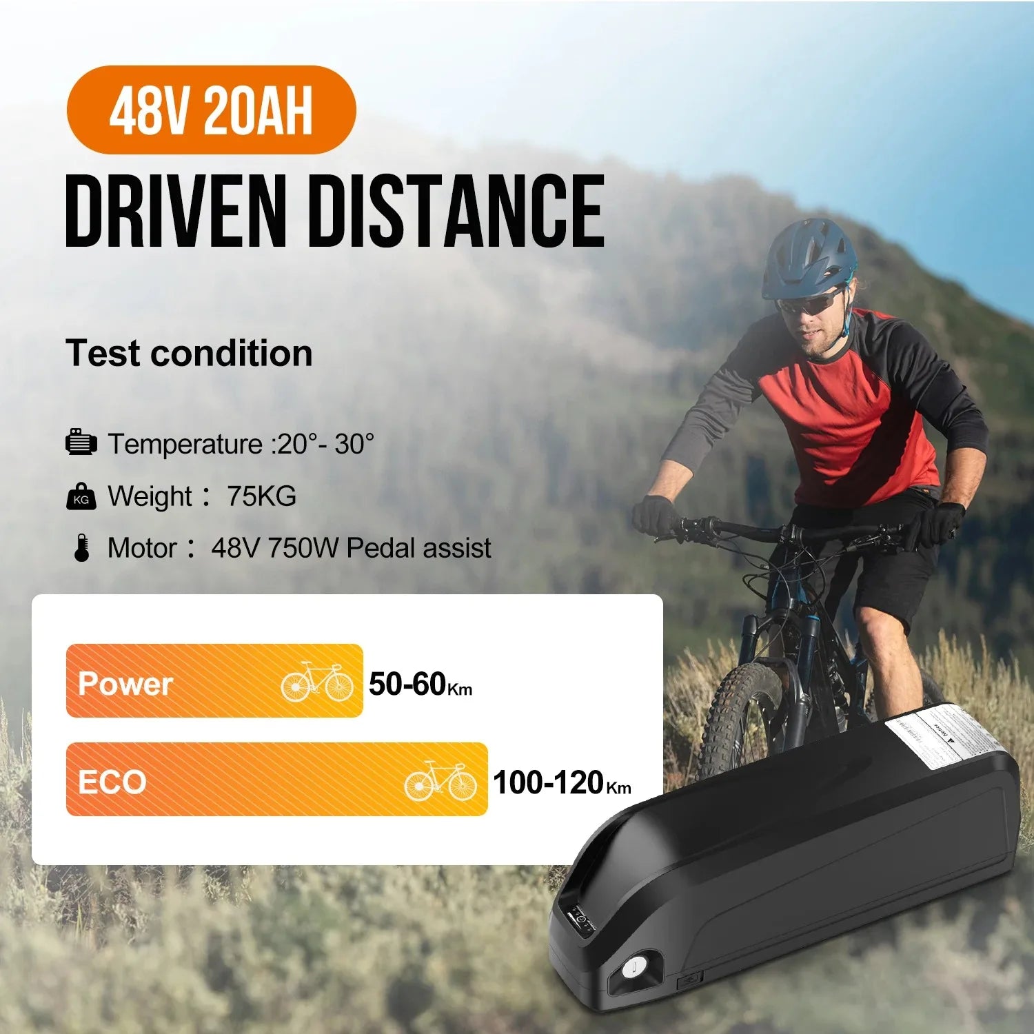 Electric bike battery with a mountain bike rider and driving distance information on a scenic background