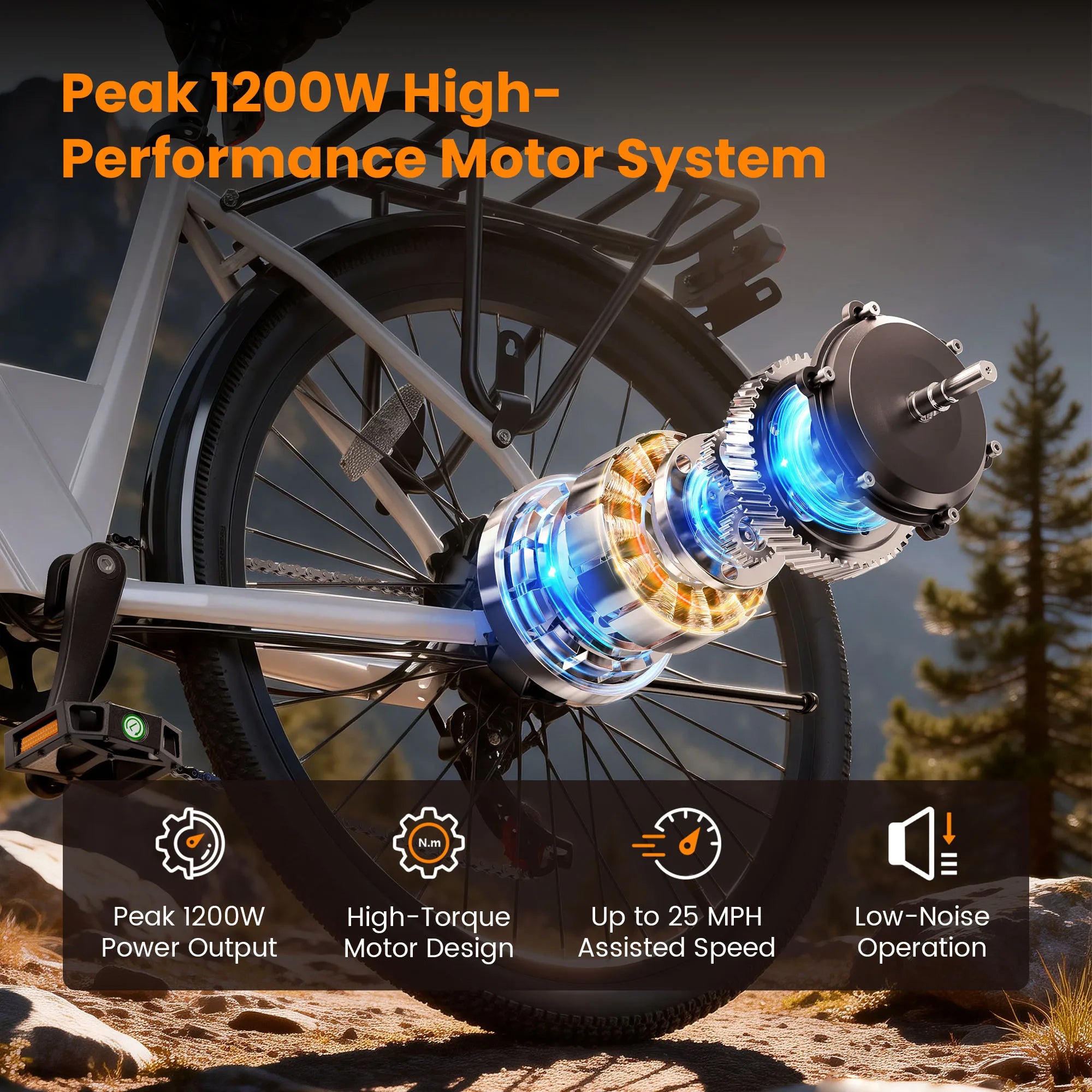 Electric bike with a high-performance motor system on a mountain trail background