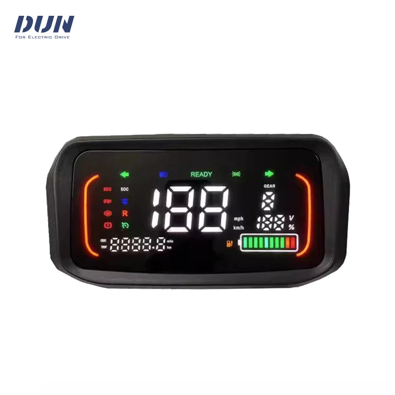 Digital display with various readings on a white background, featuring the brand 'DUJN'.