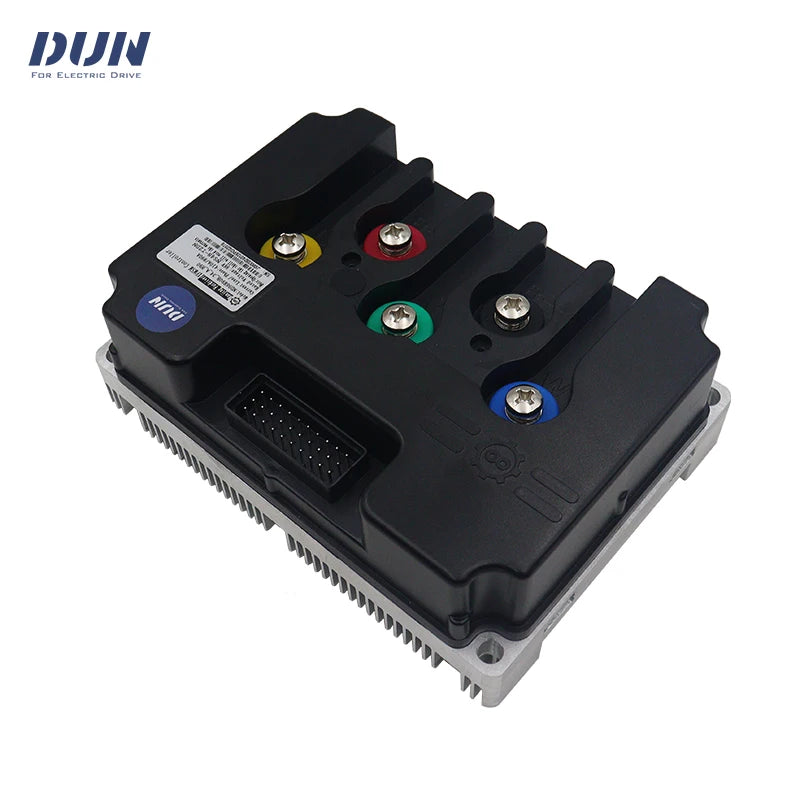 A black and gray electronic drive module with multi-colored terminal screws and a DUN brand logo in the top-left corner, set against a plain white background.