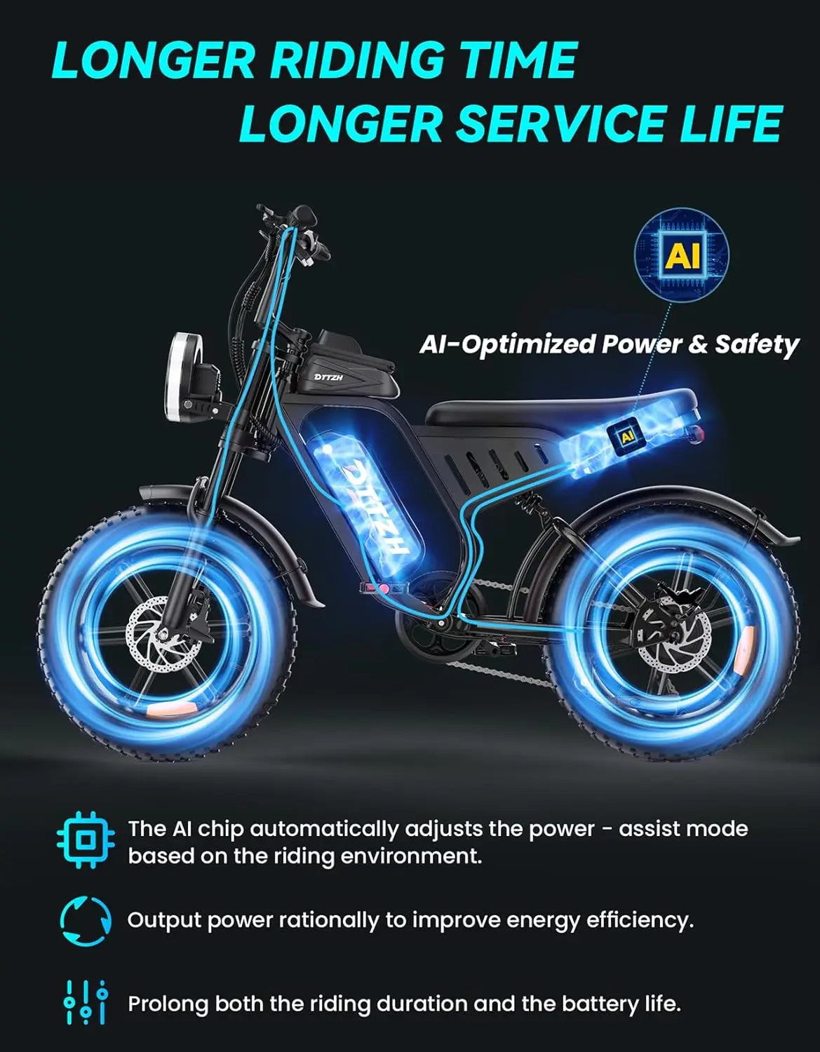Electric bike with glowing wheels on a black background, featuring text about AI optimization and longer riding time.