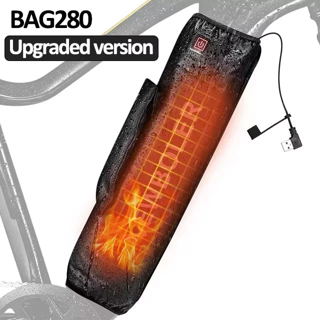 A bicycle handlebar bag shown on a white background with a faint bicycle frame behind it. The bag is black with a glowing orange and red heat-map style graphic indicating heated insulation, plus a USB cable accessory.