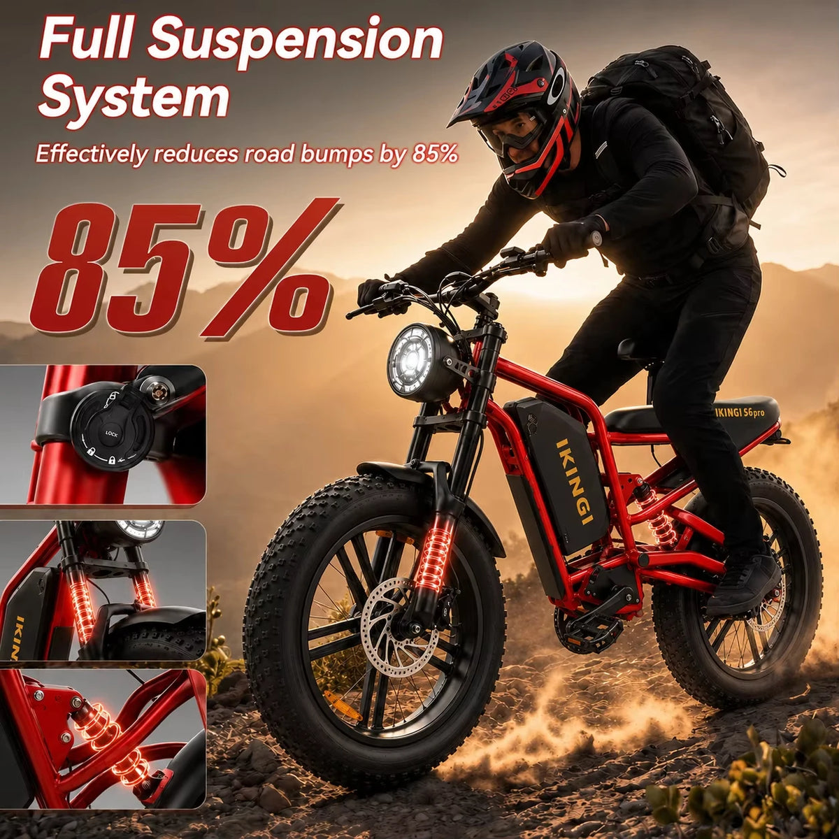 A red electric fat-tire bike with a rider wearing a black helmet and backpack riding on a dusty mountain road. Large text reads 'Full Suspension System' and '85% effectively reduces road bumps by 85%'.