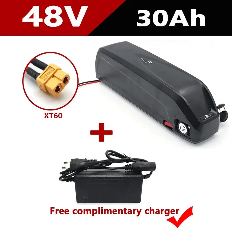 A 48V 30Ah black lithium-ion battery pack shown on a white background, with a red-and-black header reading '48V' and '30Ah'. A circular inset highlights a gold XT60 connector.