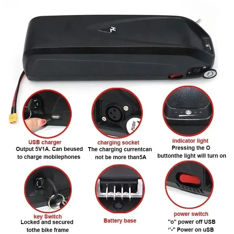 Black electric bike battery charger and battery pack shown on a white background, with six circular inset detail photos and text labels explaining USB charging, charging socket, indicator light, key switch, battery base, and power switch.