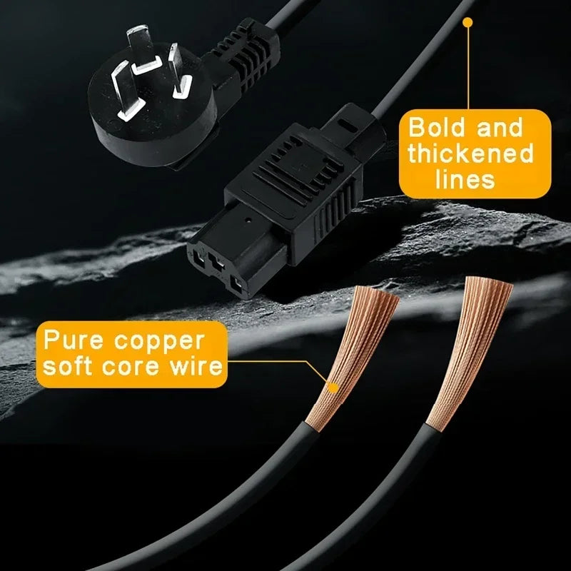 Black power cable with a three-pin plug and connector, shown on a dark textured background with callout labels reading 'Bold and thickened lines' and 'Pure copper soft core wire.'.