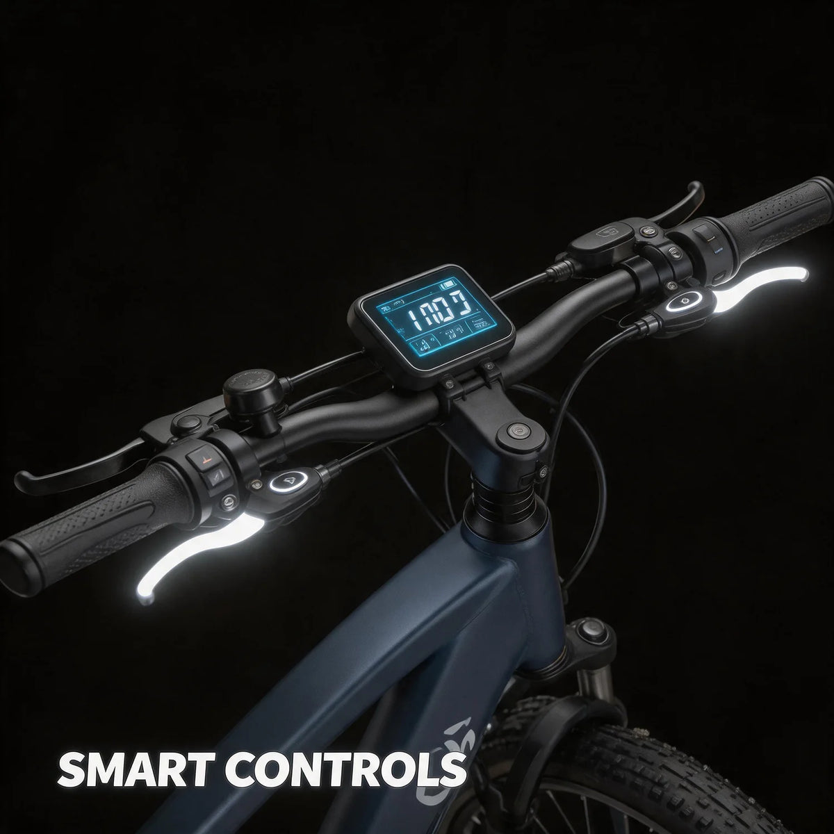 Close-up of a bicycle handlebar setup with a digital display screen, illuminated white front and rear lights, and black grips on a dark background. The text 'SMART CONTROLS' appears at the bottom left.