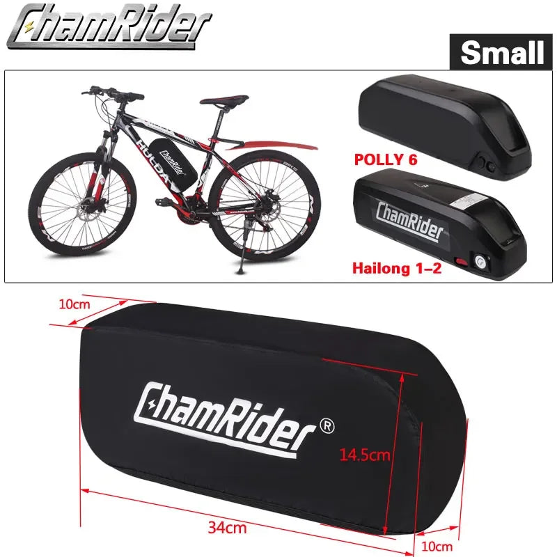 ChamRider electric bike components including a bicycle, battery packs, and packaging with dimensions.
