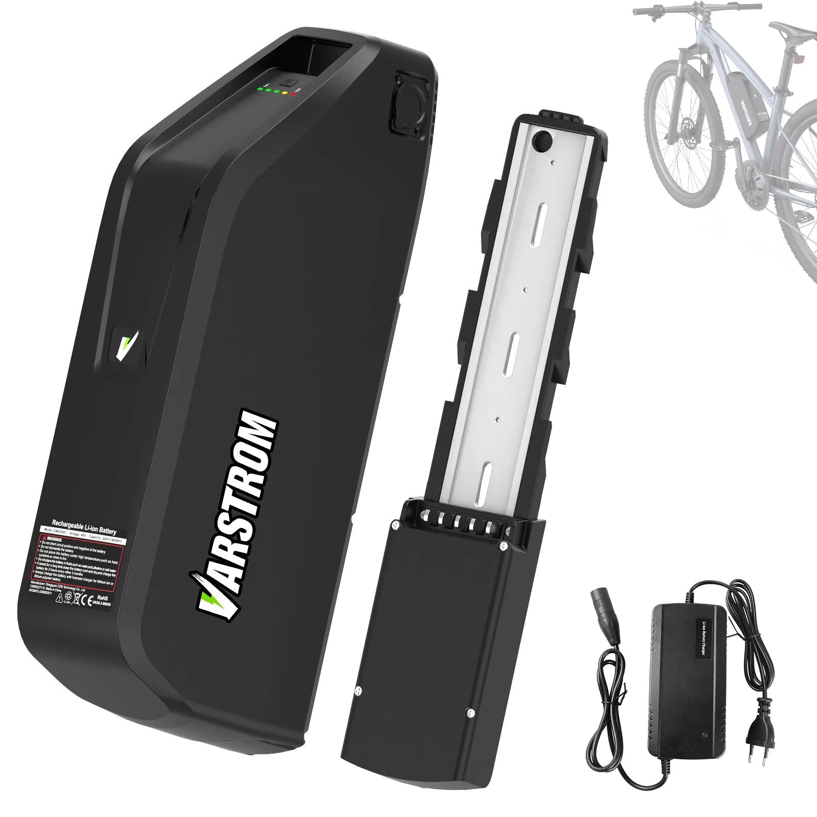 Electric bike battery with charger and adapter on a white background, featuring the Varstrom brand.