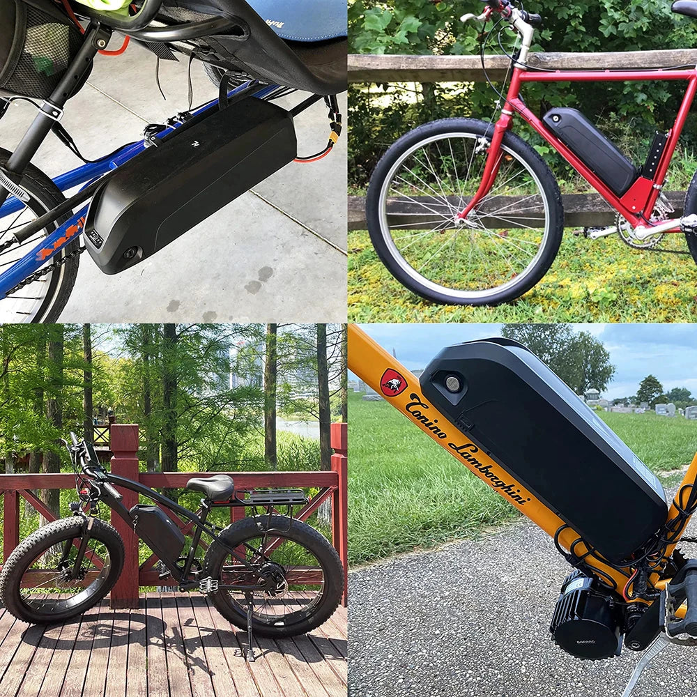 Collage of electric bikes in various settings with a focus on battery packs.