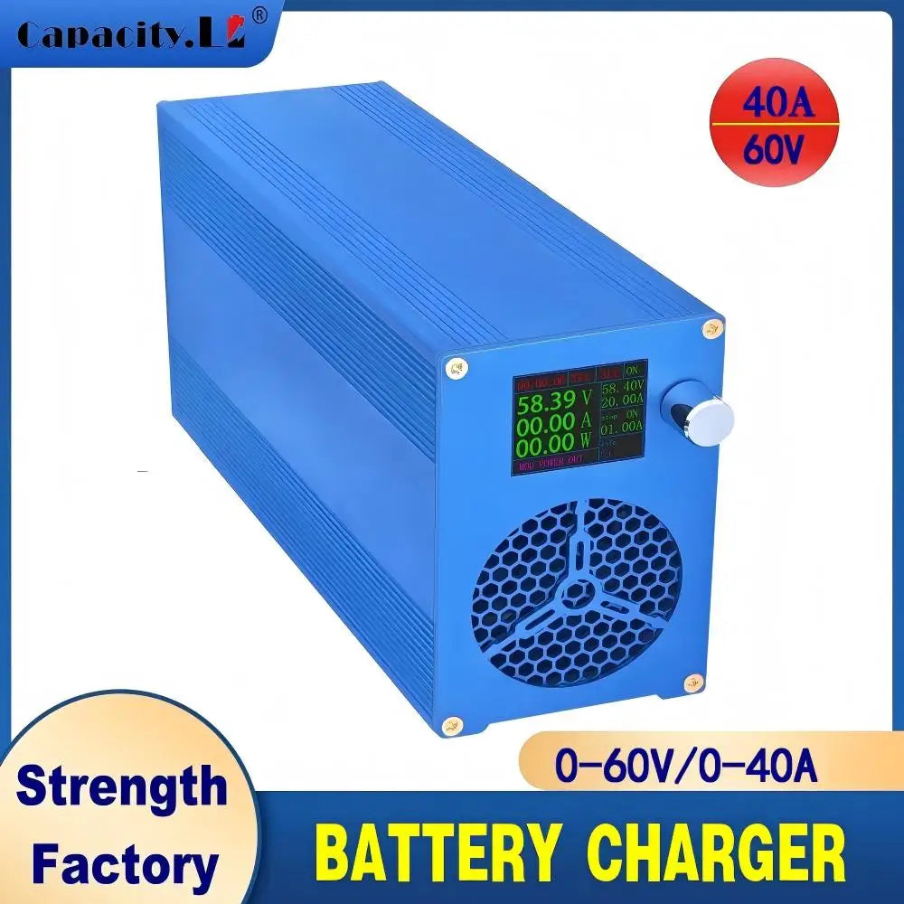 Blue rectangular battery charger with a digital display screen and a round control knob, shown on a white background with promotional text overlays.