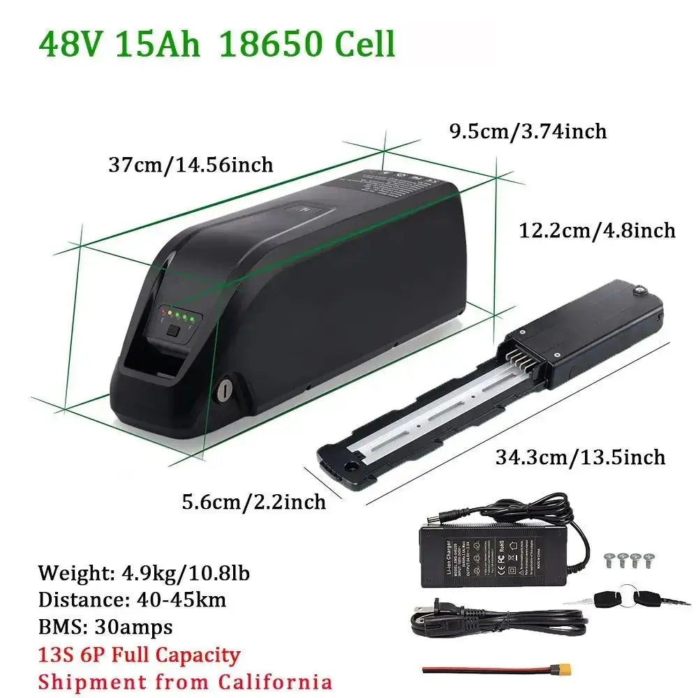 48V 15Ah 18650 cell battery with dimensions, weight, and specifications on a white background.
