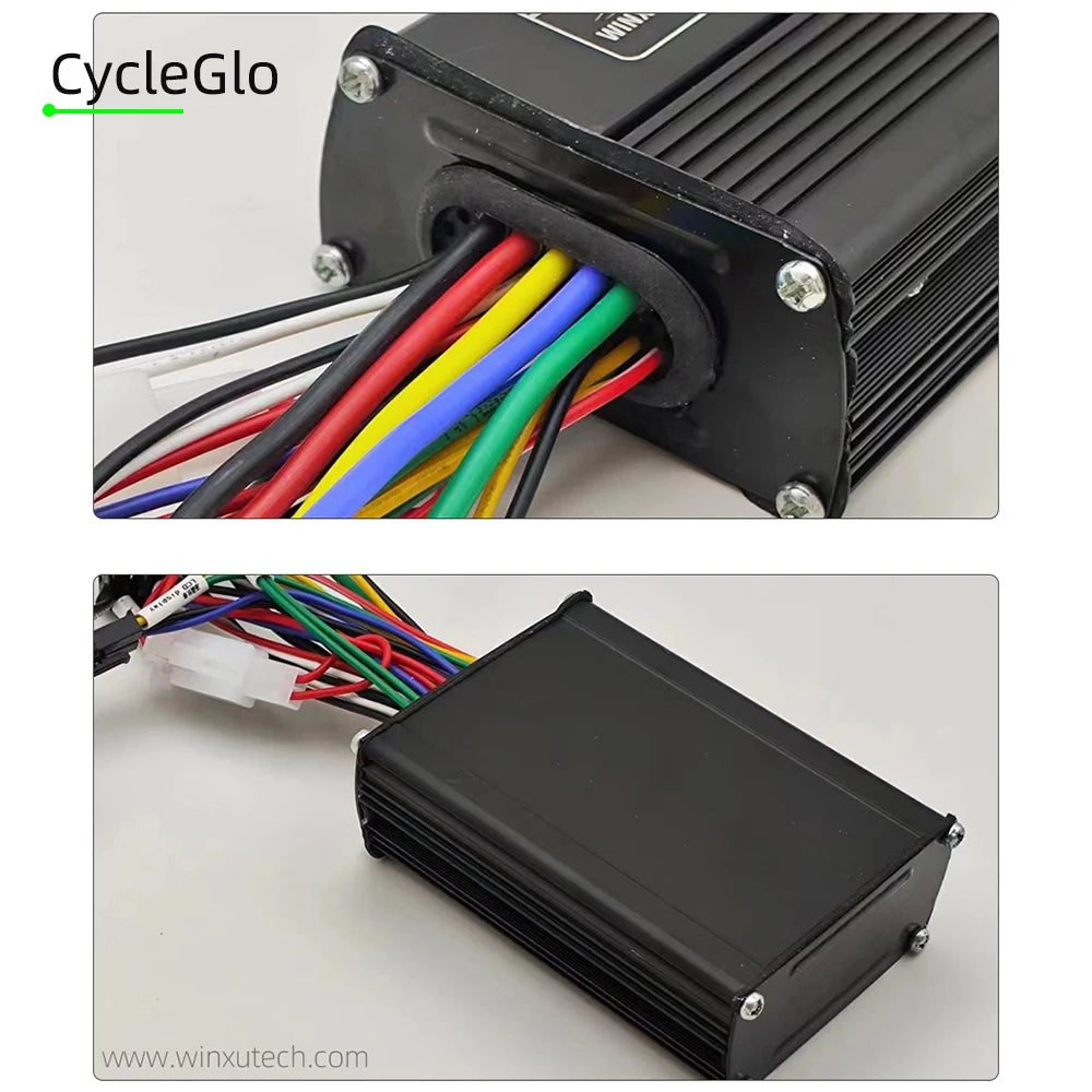 A black rectangular electronic controller with ribbed sides and multiple colorful wires (red, yellow, green, blue, black, white) extending from one end, shown in two views on a light gray background. The top view shows the back connector area with the wires, and the bottom view shows the top/side of the unit.