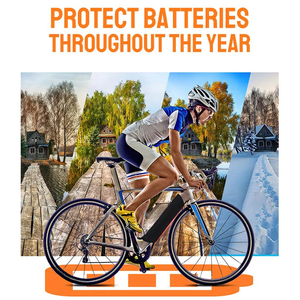 A promotional graphic for battery protection, featuring a cyclist on a road bike riding over a wooden bridge, with seasonal landscape panels in the background and large orange text reading 'PROTECT BATTERIES THROUGHOUT THE YEAR'.