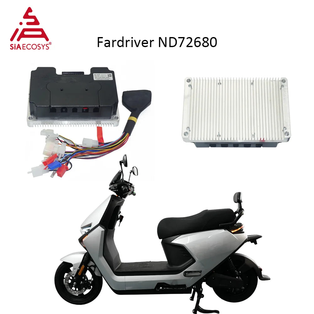 SIAECOSYS Fardriver ND72680 electric scooter controller kit, featuring a black main control box with wiring, a white metal heat sink module, and a silver and black electric scooter for demonstration.