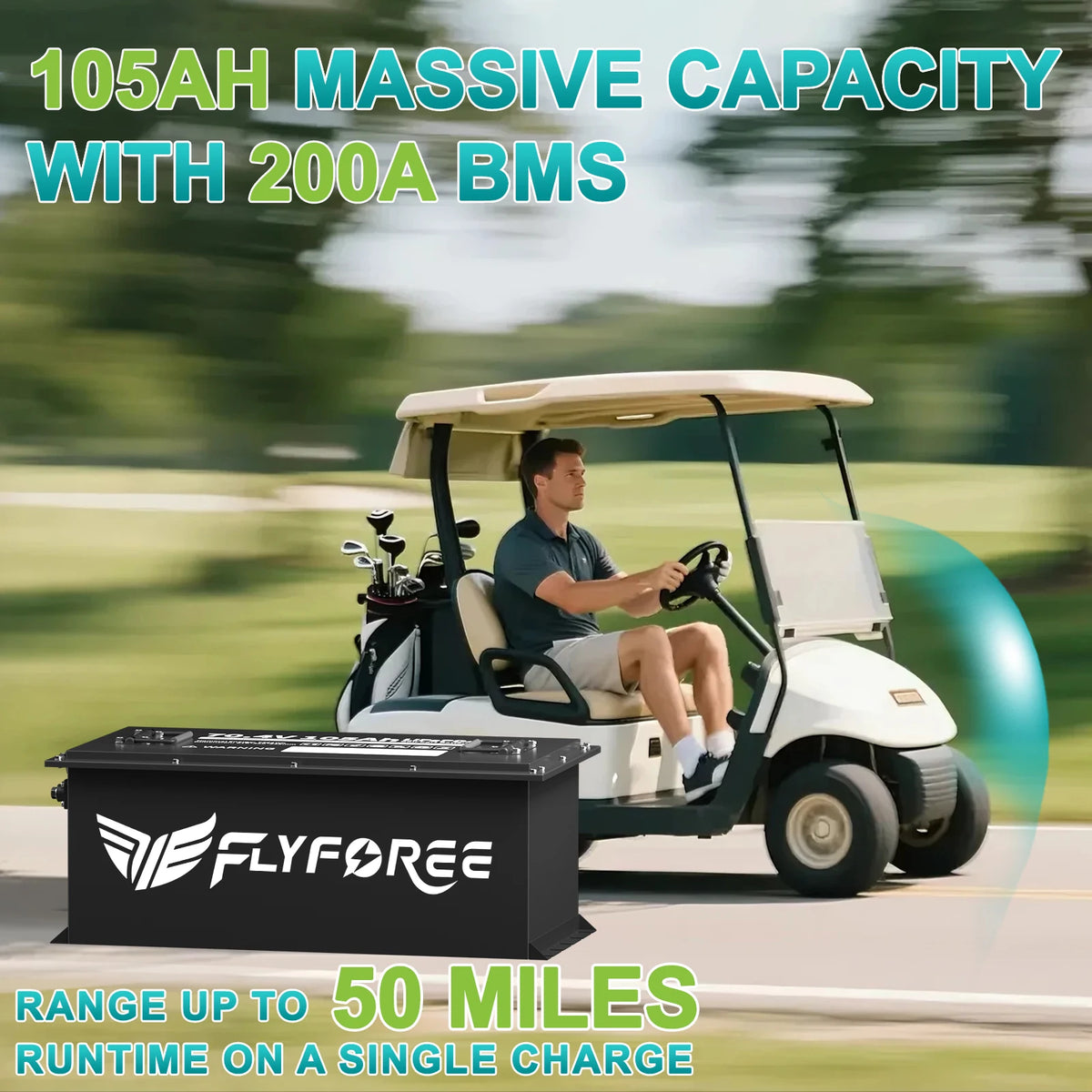 A Flyforee golf cart battery shown in a lifestyle setting, mounted on a white golf cart being driven by a man on a blurred golf course. The battery is black with a white Flyforee logo.