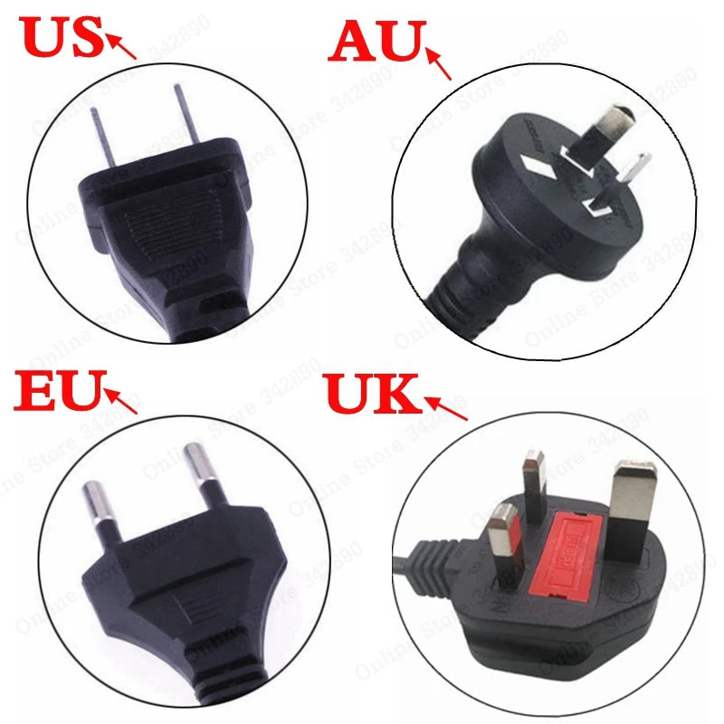 Four different types of plugs labeled US, AU, EU, and UK on a white background.