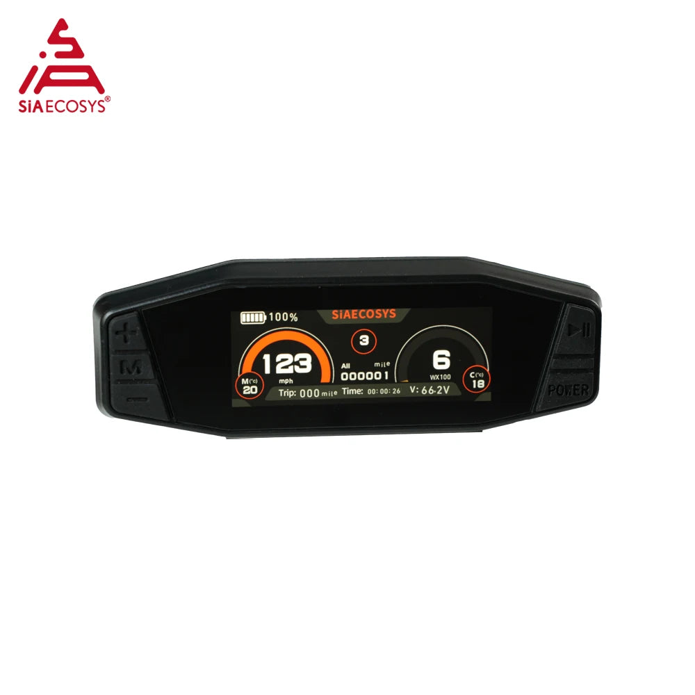 A black electronic dashboard display unit with a colorful screen showing gauges and status indicators, branded SIAECOSYS. The unit is photographed on a plain white background with the SIAECOSYS logo in the top-left corner.