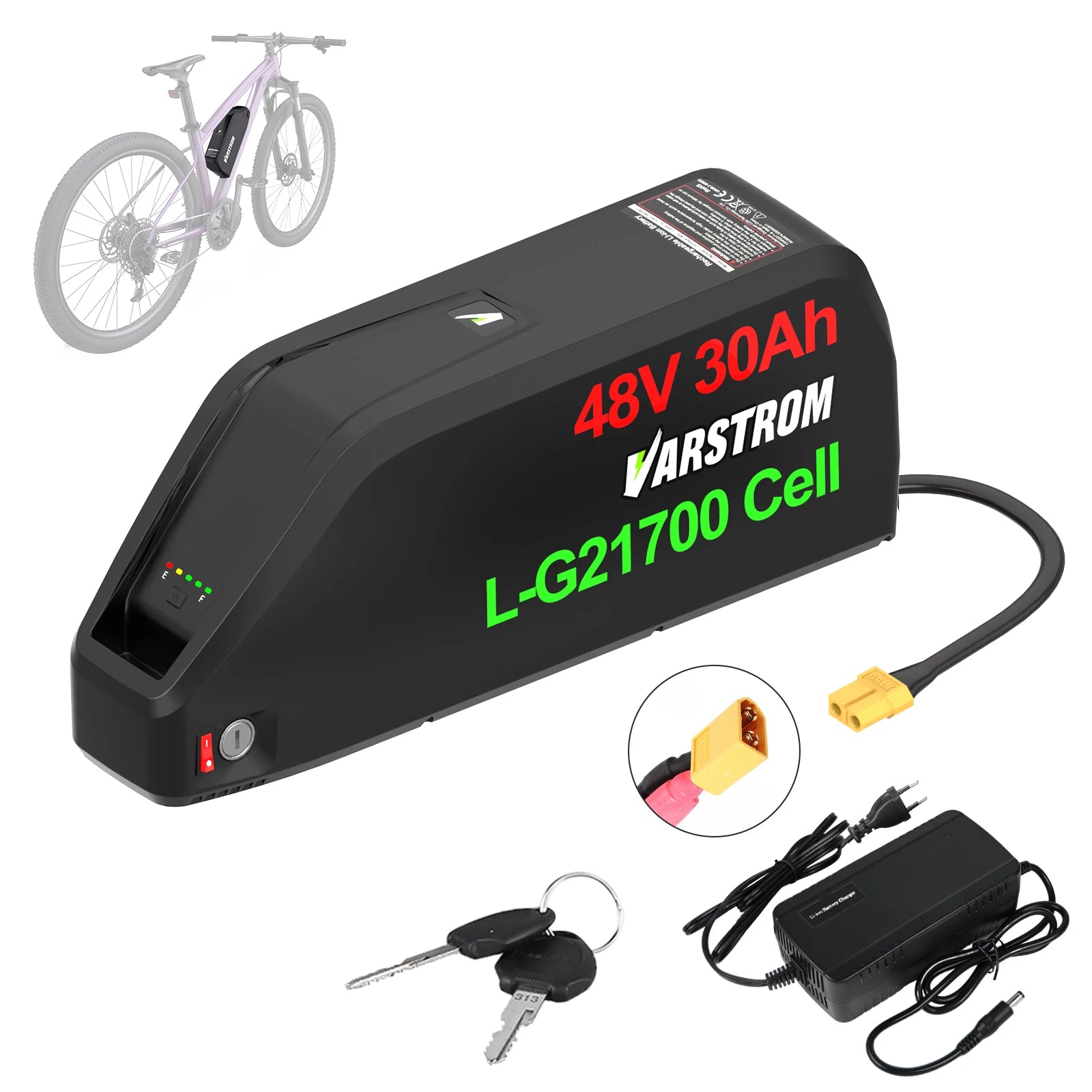 Electric bike battery pack with accessories on a white background