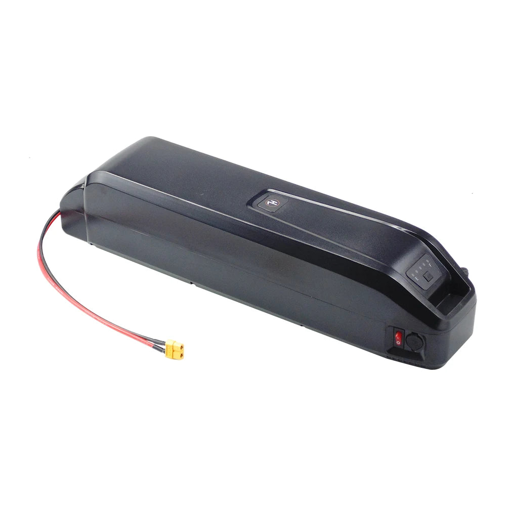 A black rectangular electric bicycle battery with a red and black wire connector on the left side, shown on a plain white background.