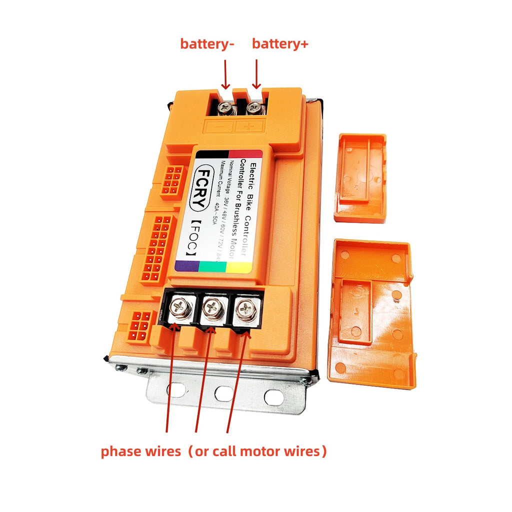 Orange FCRY F6001 contactor relay module with terminal labels for battery+ and battery- and phase wires, shown with two orange plastic accessory covers on a white background.
