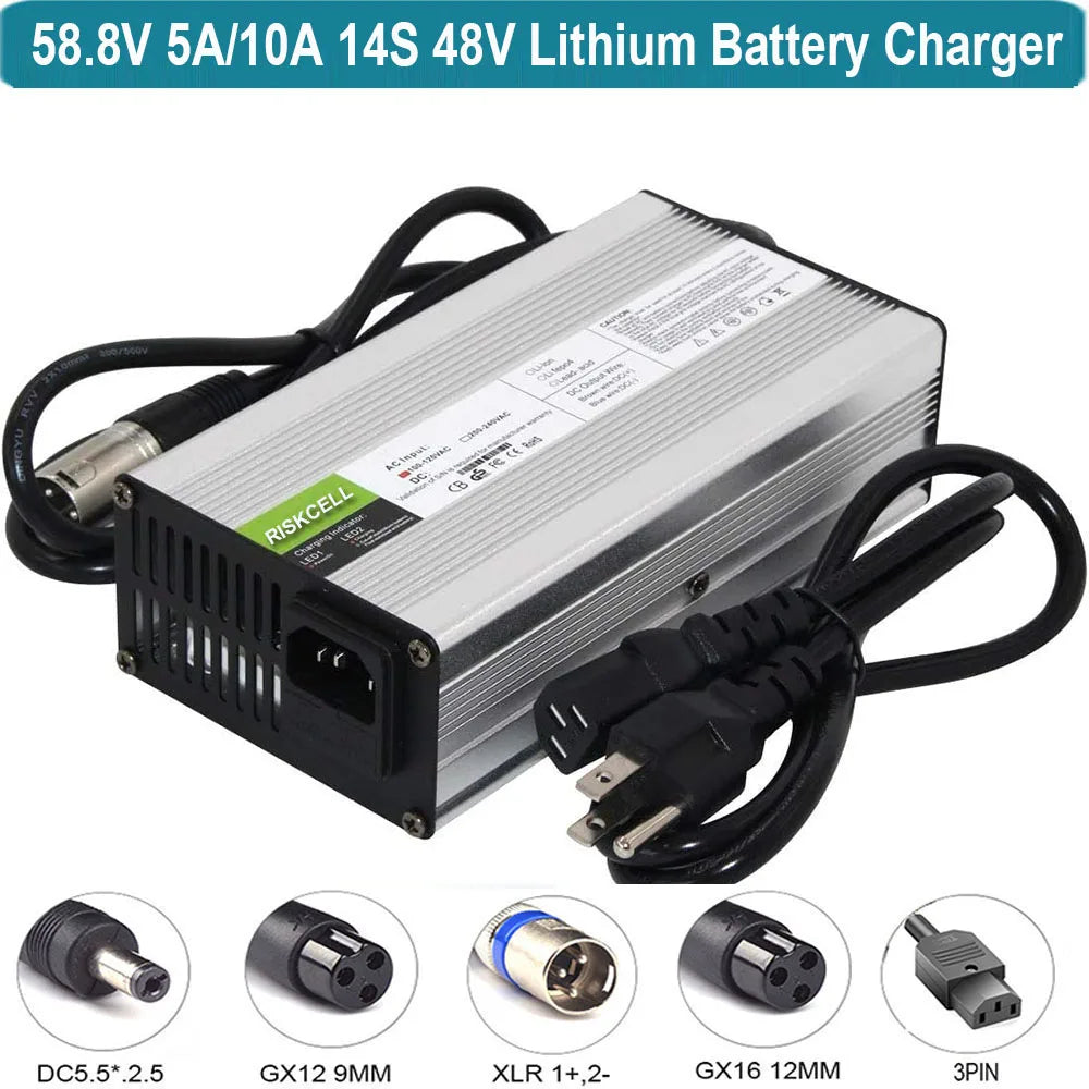 A 58.8V 5A/10A 14S 48V lithium battery charger with a silver aluminum heatsink housing and black cables, shown on a white background with connector type callouts along the bottom.