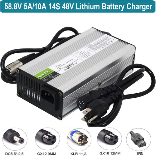 A 58.8V 5A/10A 14S 48V lithium battery charger with a silver aluminum heatsink housing and black cables, shown on a white background with connector type callouts along the bottom.