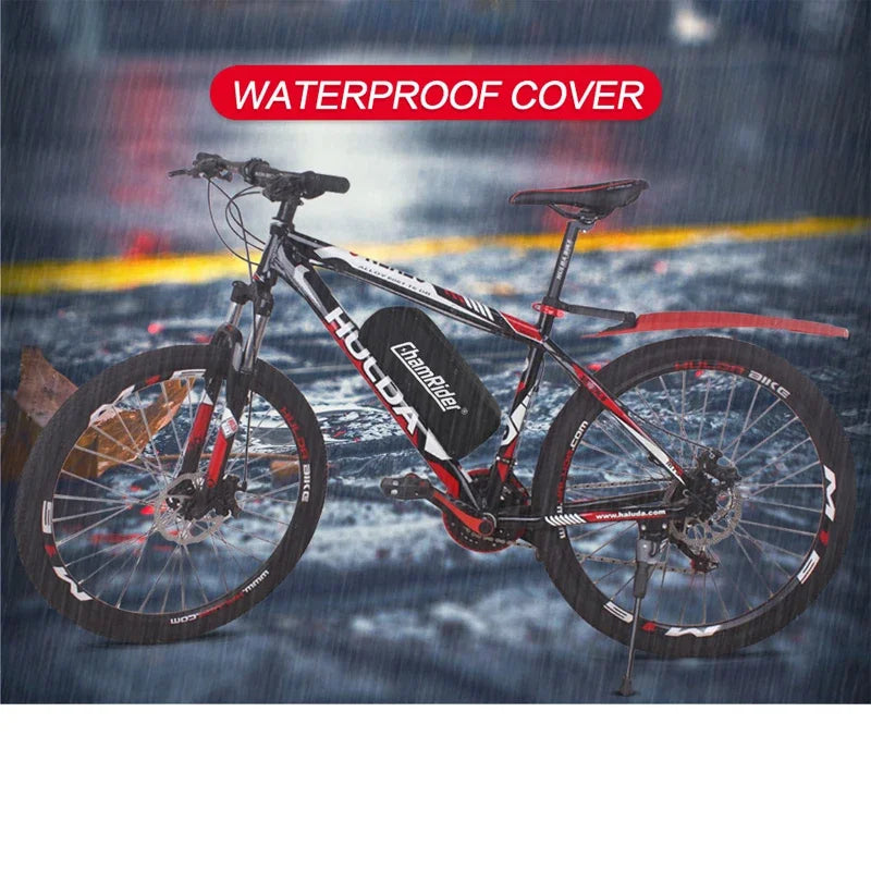 Bicycle with a waterproof cover on a rainy background