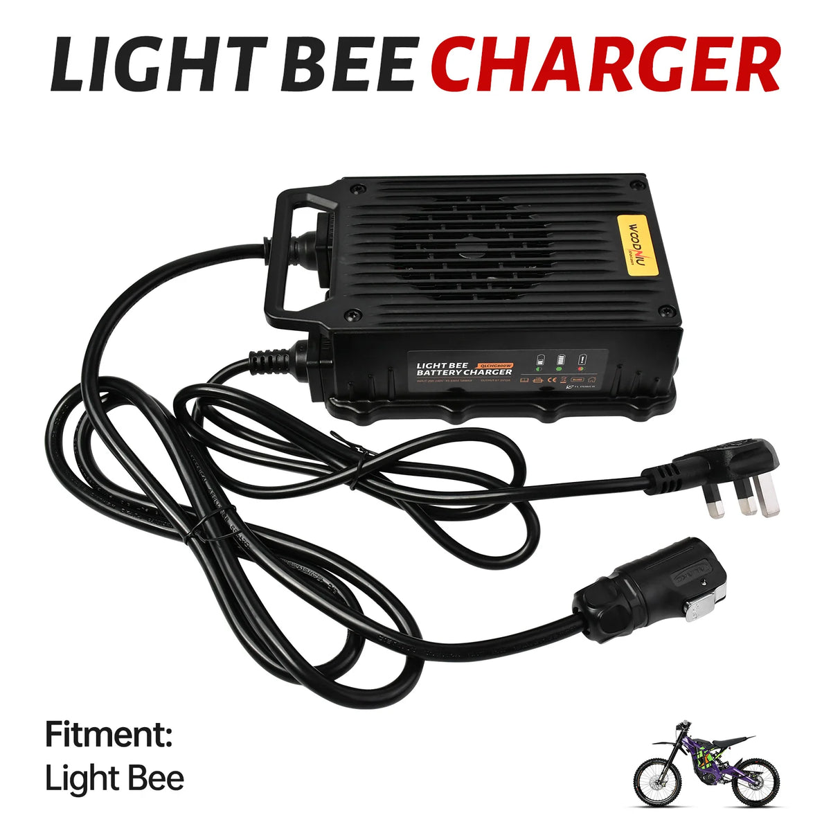 Black Light Bee charger power adapter with a coiled power cord and UK three-pin plug, shown on a white background with 'LIGHT BEE CHARGER' text and a small motorcycle fitment graphic.