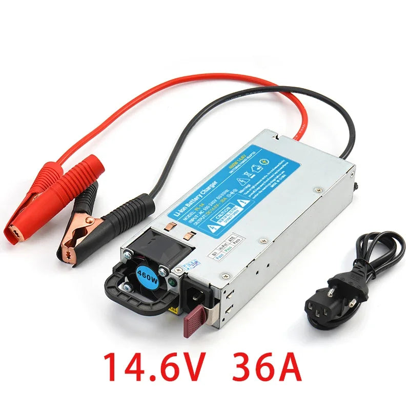 A 14.6V 36A lithium battery charger power supply with a silver metal casing, a blue label, red and black test leads with alligator clips, and a black power adapter cord on a white background.
