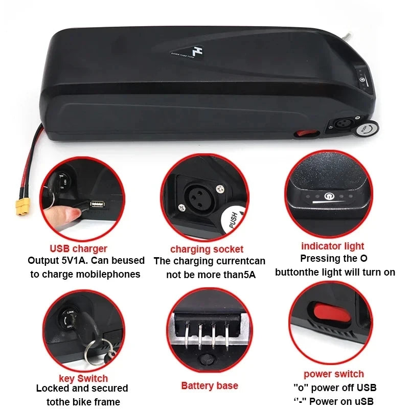Black battery pack with labeled features on a white background