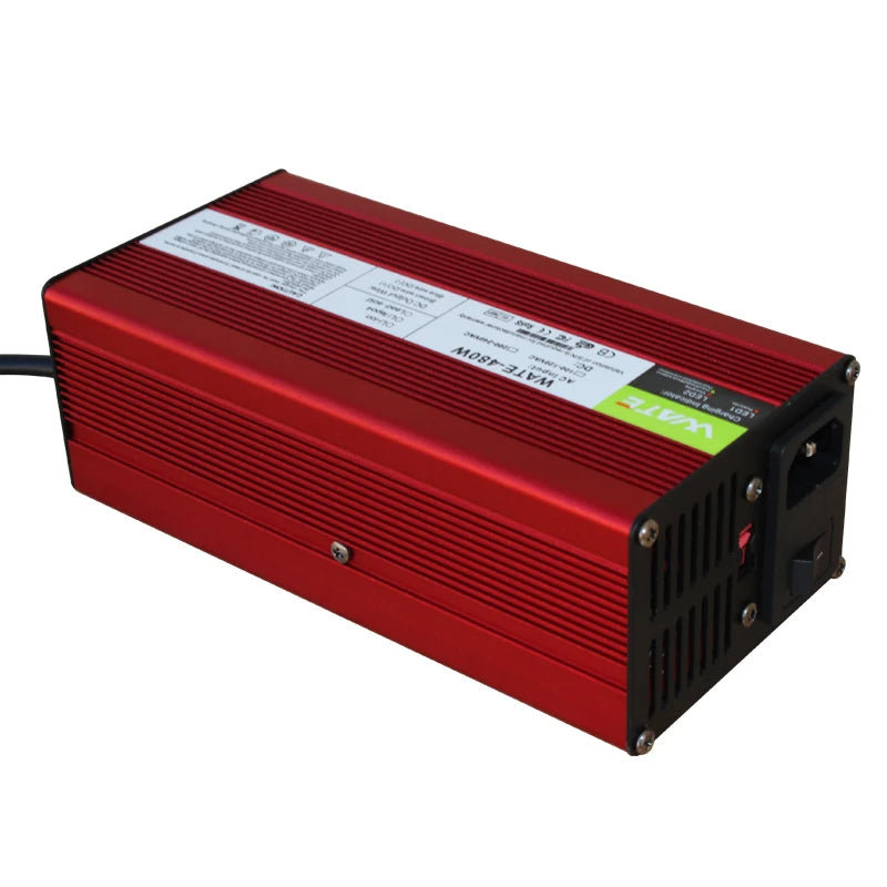 Red power supply unit with label on a white background