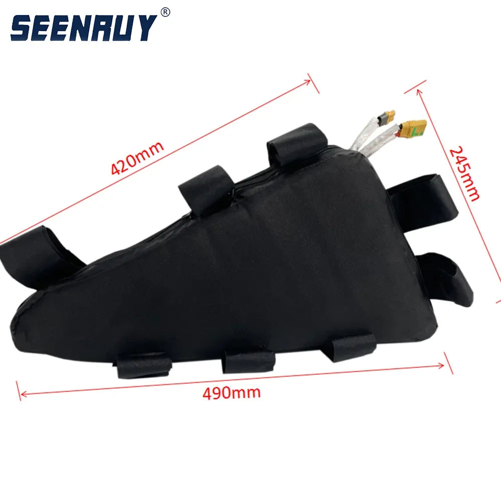 Black SEENAUY motorcycle fuel tank cover shown with red dimension lines and measurements (420mm, 245mm, 490mm) on a white background.