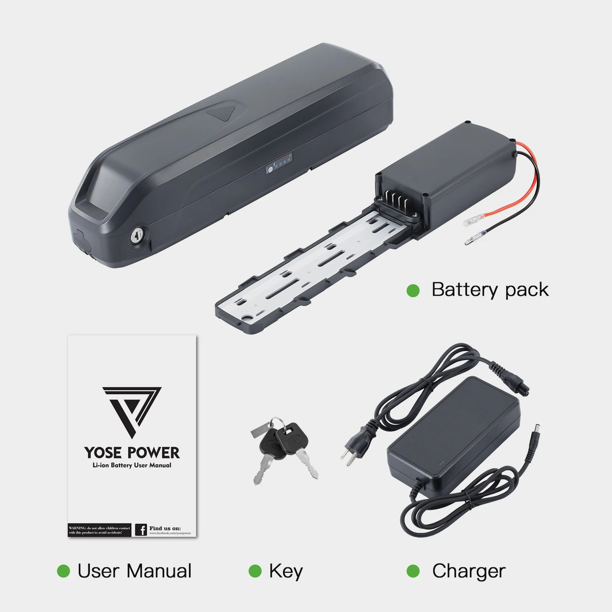 Electric bike battery pack with charger, key, and user manual on a light gray background